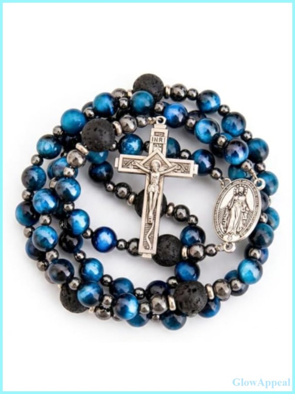 Handmade Catholic Rosary Necklace Tiger Eye Lava Stone Crucifix Prayer Beads